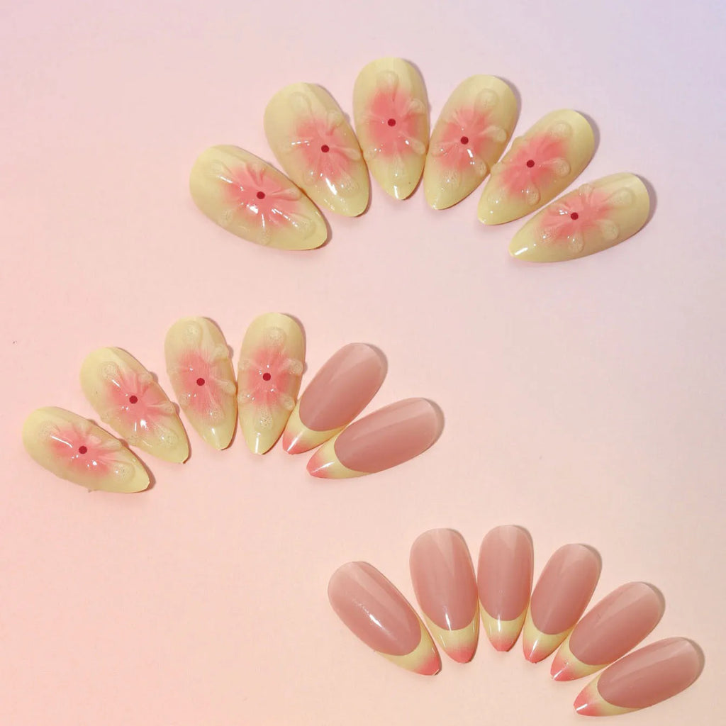 Cartoon-style 3D flower press-on fake nails set with plastic armour pieces, jelly glue, and file, colour TY-318.