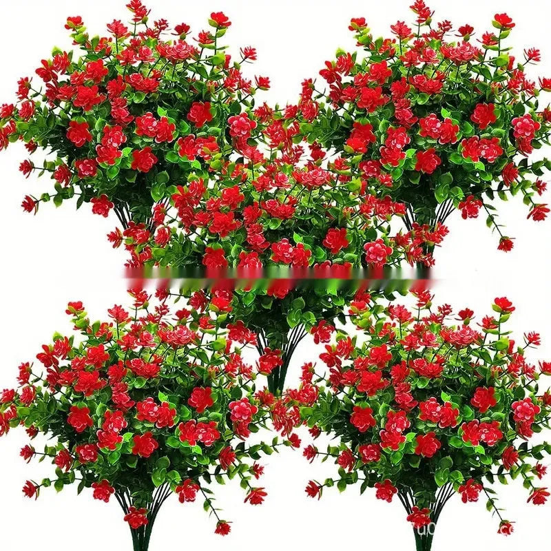 Emulational plastic artificial bouquet with eucalyptus and camellia design in mixed colours on white background