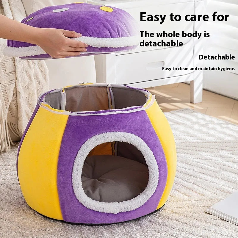 Mushroom-shaped plush cat nest bed in grey, pink or purple colours showing thermal texture