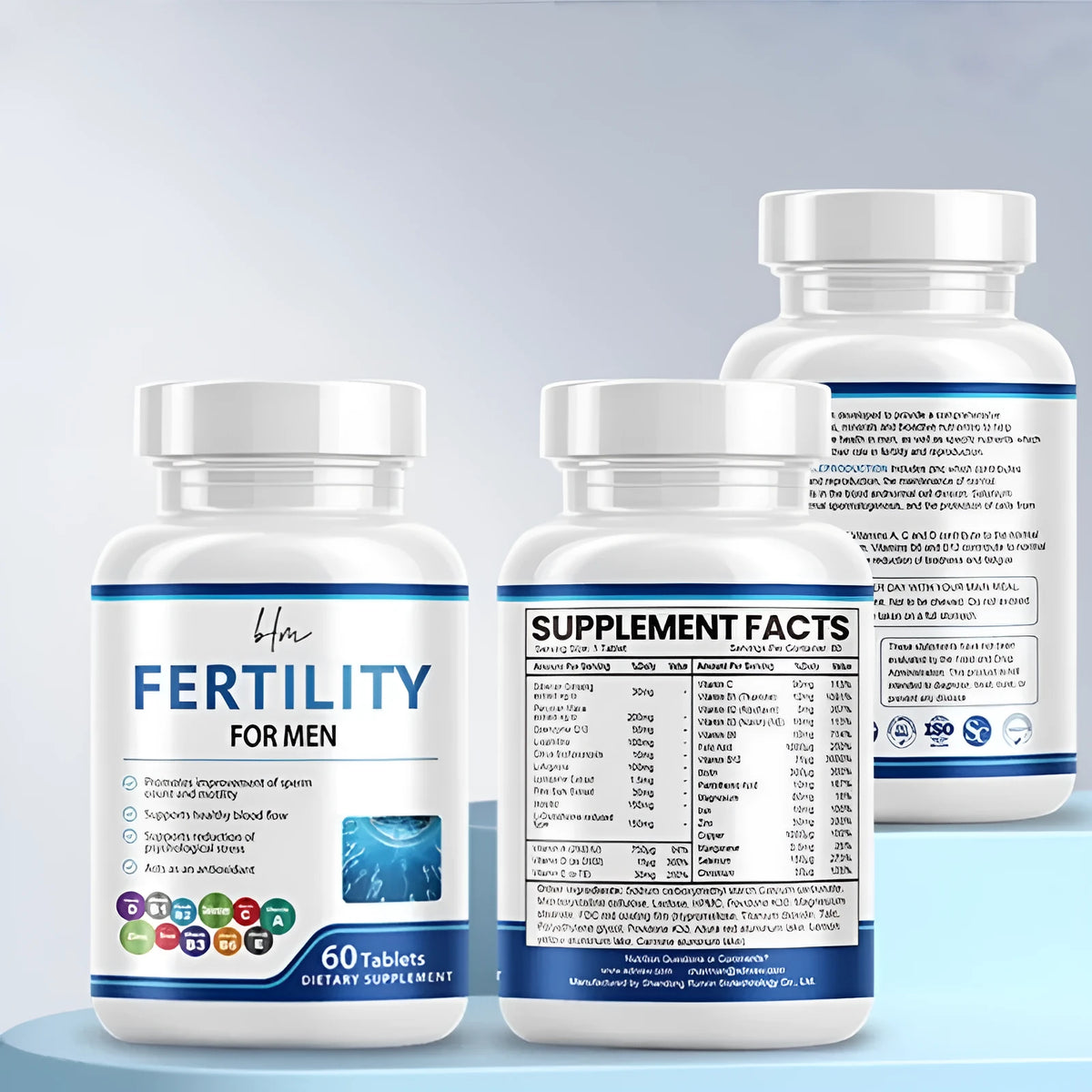 Bottle of 60 male fertility tablets with sealed packaging for cool, dry storage