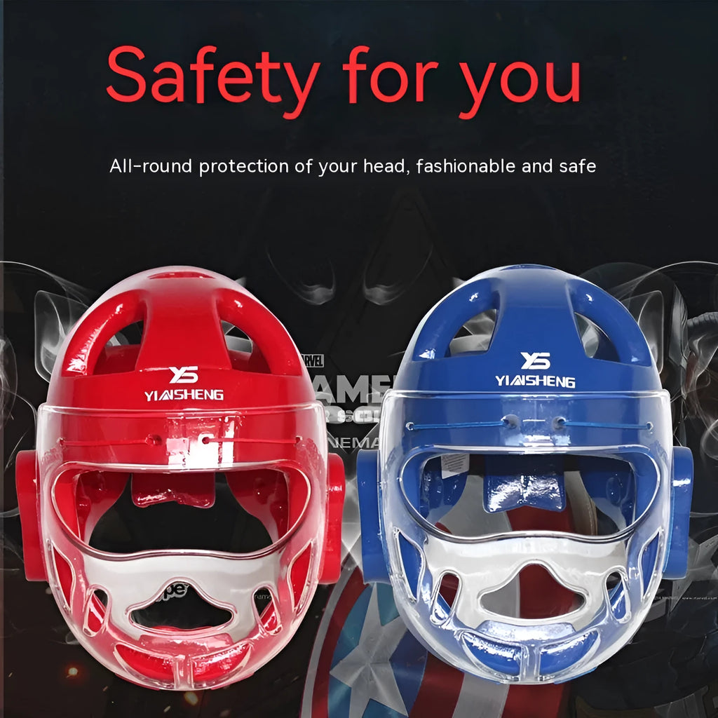 Karate training helmet for boxing head protection shown in blue, red, and white colours