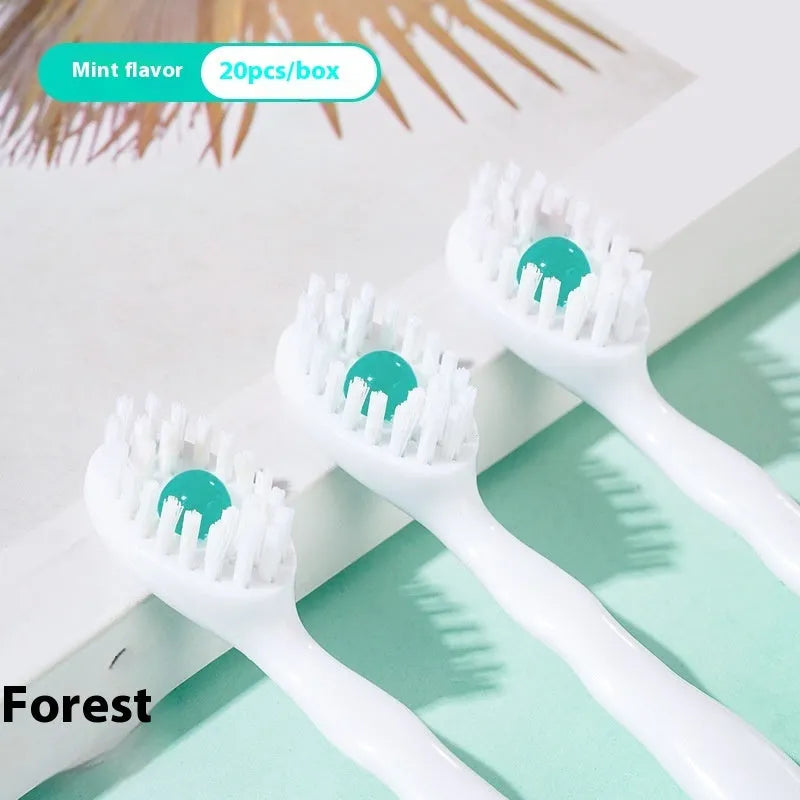 Box of 20 disposable bead toothbrushes with pre-pasted heads for travel and convenience