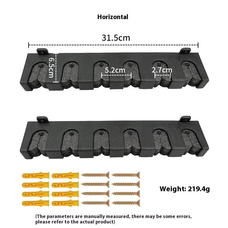 Black ABS plastic wall-mounted fishing rod holder in horizontal and upright mounting styles
