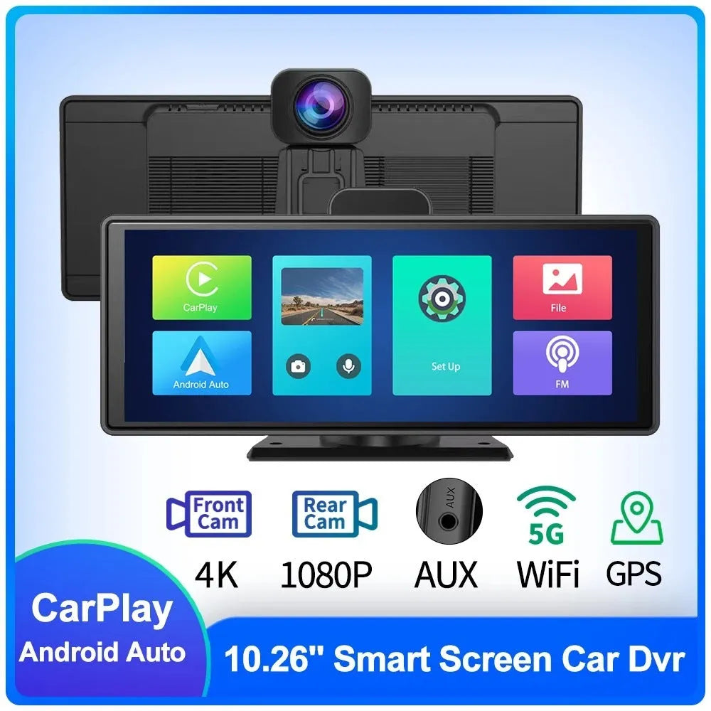 10.26-inch touch screen car dash cam with front and rear cameras for dual recording and Carplay integration