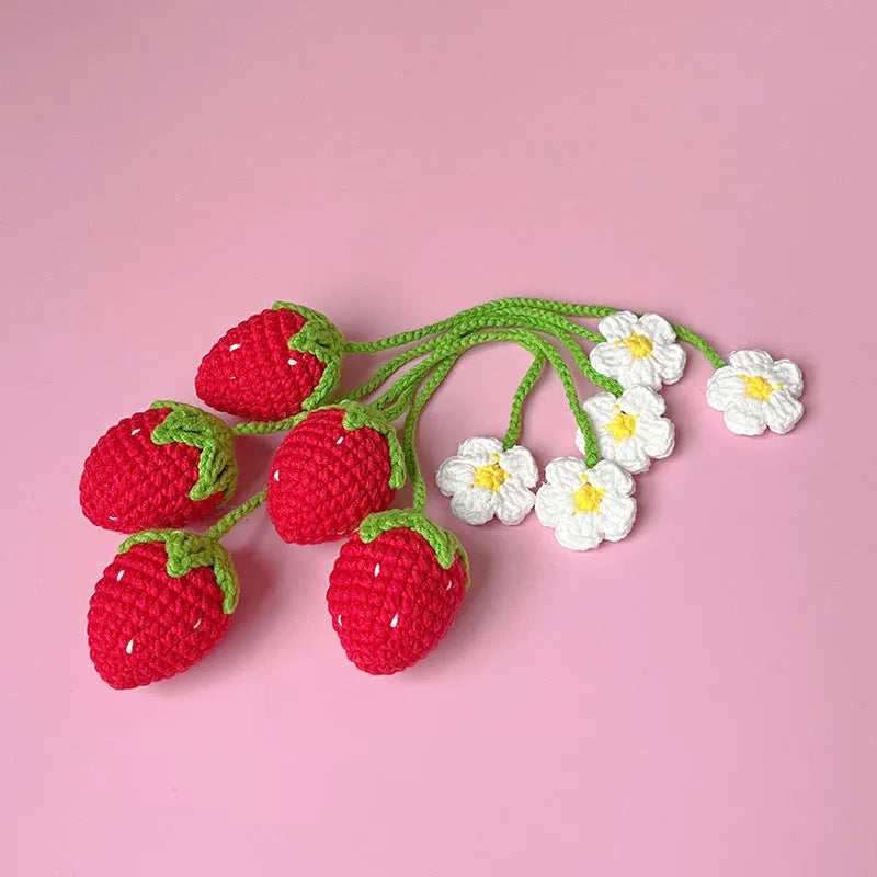 Wool crochet woven strawberry pendant with 35cm cord in pink or red colour options