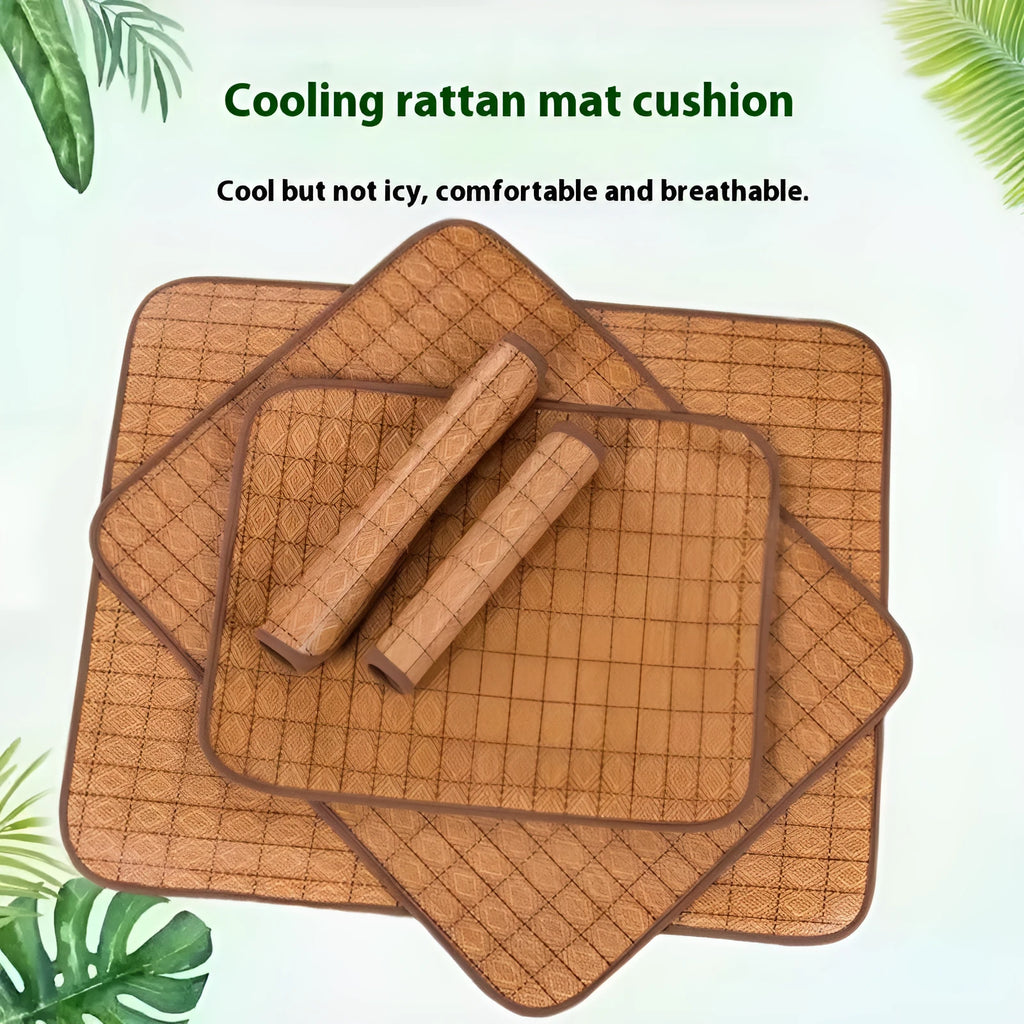 Brown woven rattan fibre cooling mat for dogs on a wooden floor.