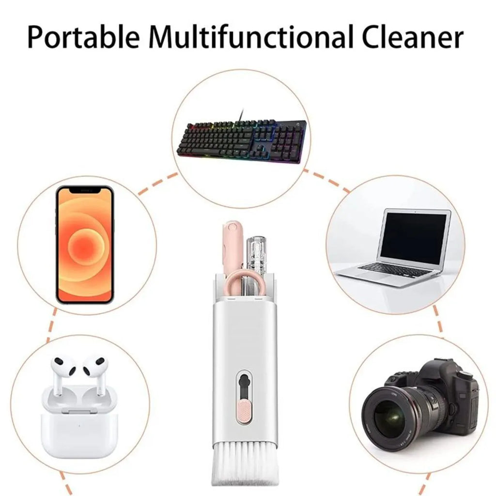 7-in-1 computer keyboard cleaner brush kit with earphone cleaning pen and keycap puller on blue background