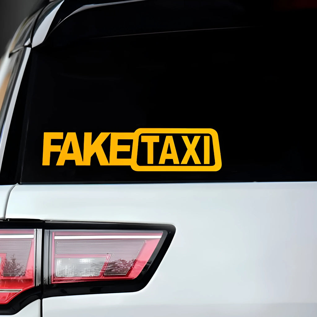 FAKE TAXI car warning sticker in black text on a white background, showing 20x8cm dimensions.