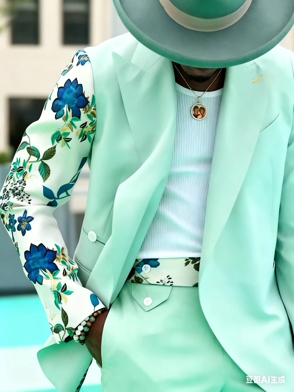 Mint green double-breasted suit set with floral print sleeve and ankle-length trousers.