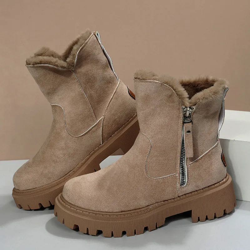 Women's black high-top snow boots with side zipper and faux fur lining shown alongside khaki colour option