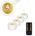 Four white S4 LED tealight candles showing realistic flame effect and standard 4.1cm diameter size