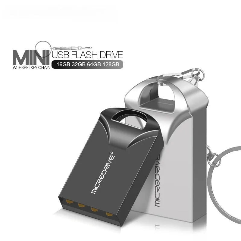 Mini metal USB flash drive in black and silver showing compact 23x12x8mm size