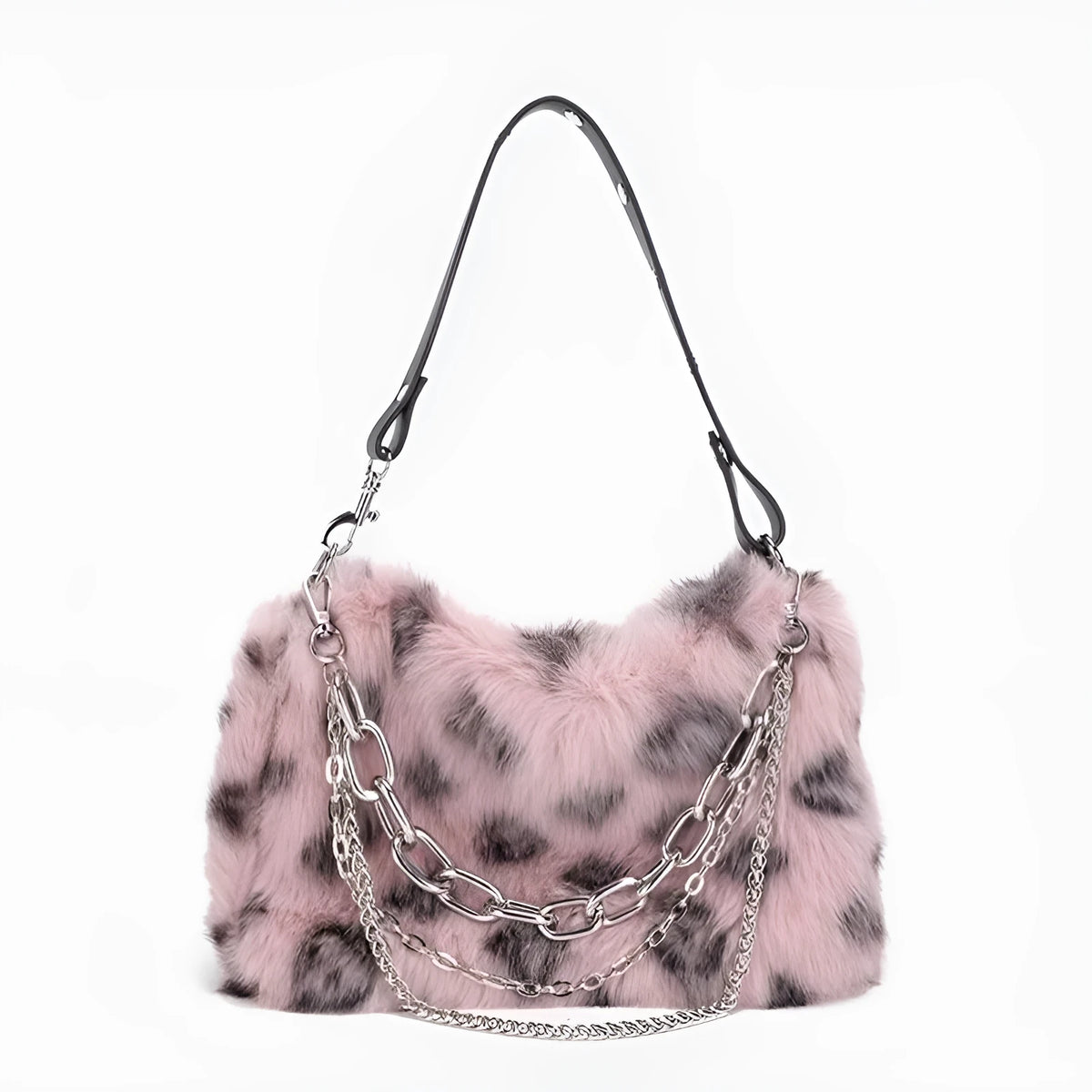 Plush shoulder bag with chain and leopard print detail, horizontal rectangular shape, single strap, available in grey, pink, apricot, and white.