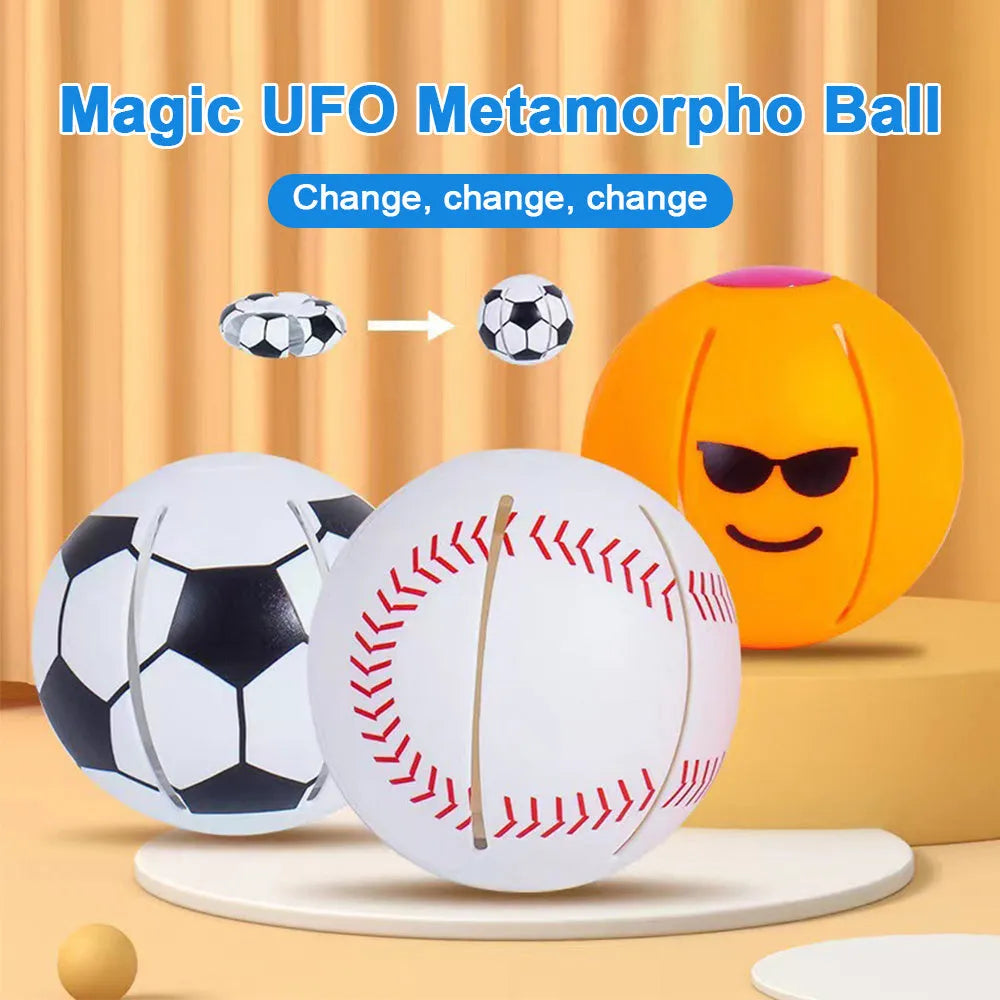 Interactive dog toy showing transformation from glowing ball to magic flying disc