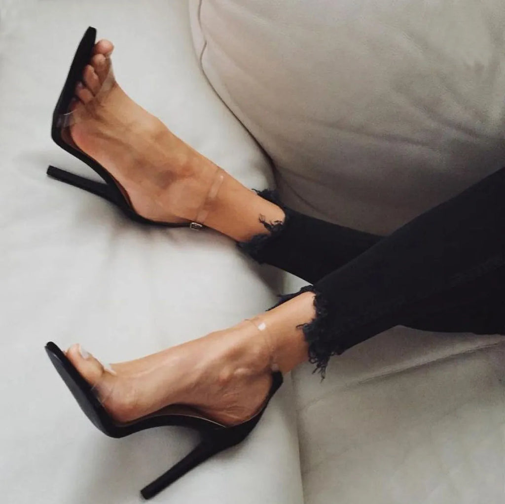 Transparent high heel sandals for women in black or apricot, sizes 35 to 43, one pair.