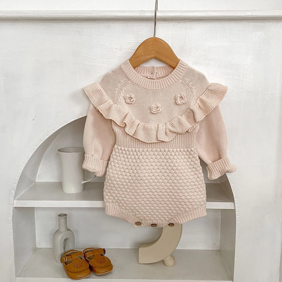 Baby girls stone powder cotton knitted jumpsuit with hand crochet flower pineapple plaid, long sleeve pullover
