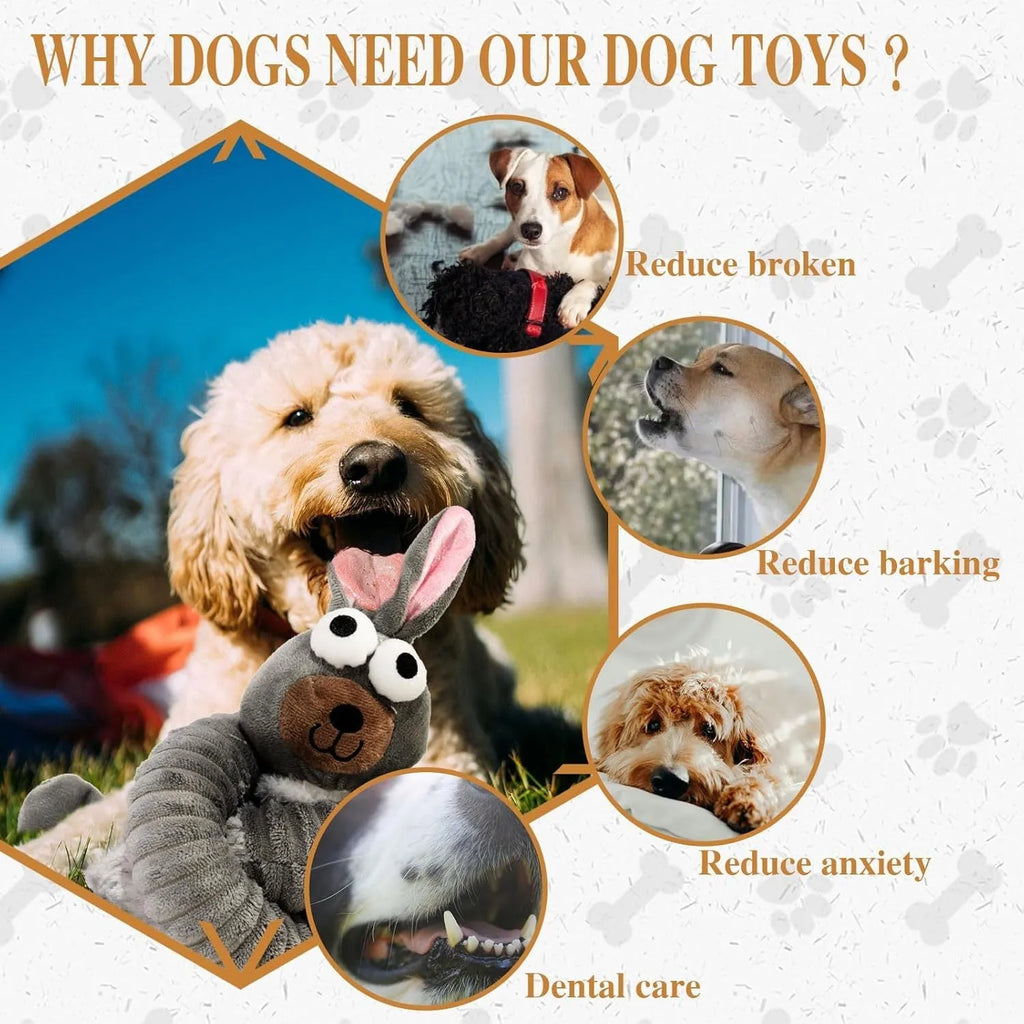 Brown plush dog toy with foldable design, showing squeaker and crinkle features.