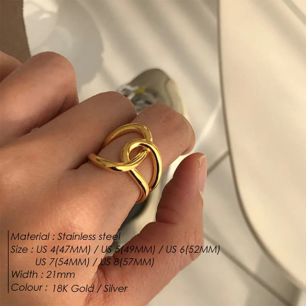 Adjustable stainless steel knotted ring in geometric U-shape design with opening closure