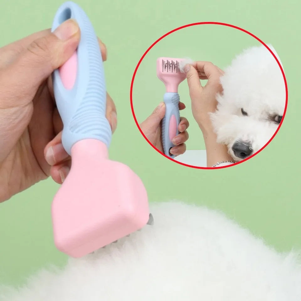 Stainless steel dog comb with knot knife measuring 170mm in pink and purple colour options
