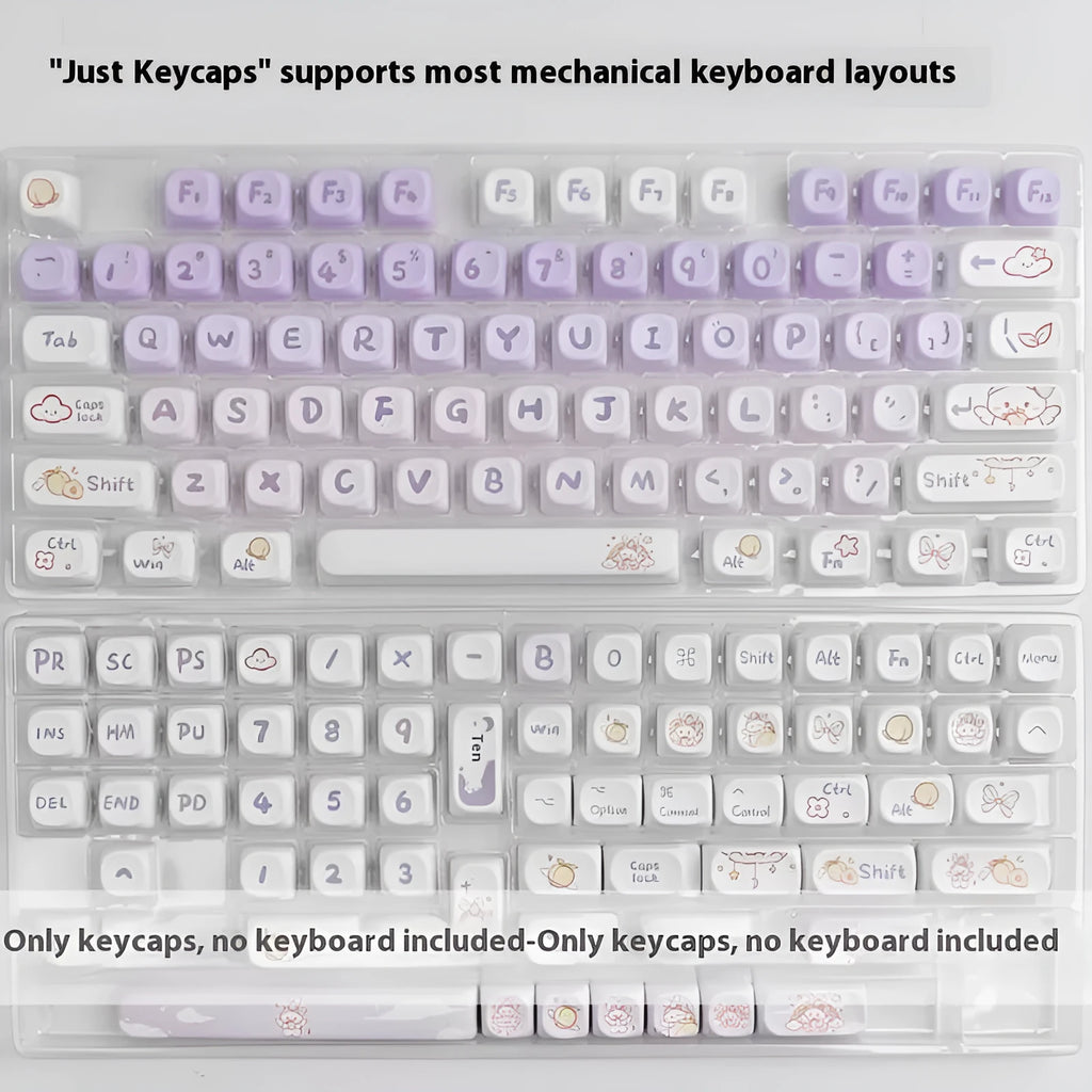Set of PBT plastic key caps with a gradient purple and white rabbit character design for mechanical keyboards.