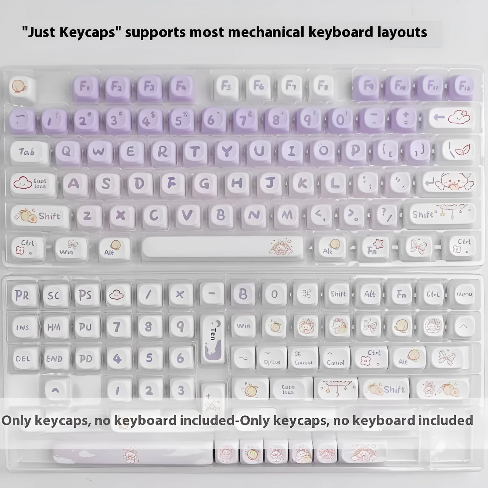 Set of PBT plastic key caps with a gradient purple and white rabbit character design for mechanical keyboards.