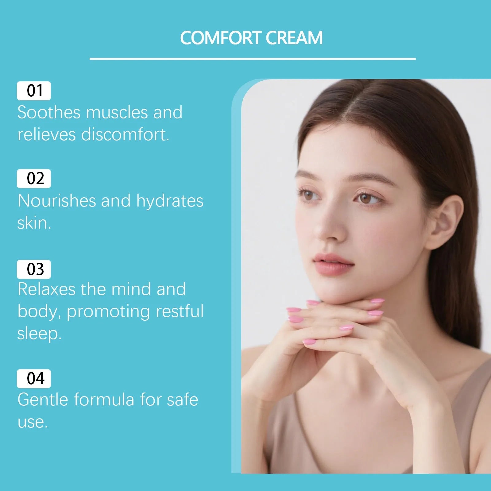 50g Comfortable Moisturising Cream jar with alum root extract and menthol, 5cm wide.