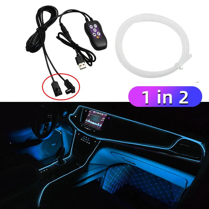 Car interior LED atmosphere lighting strip installed along dashboard with colour changing illumination