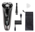 Men's electric shaver with three floating cutter heads and pop-up sideburn trimmer in grooming kit