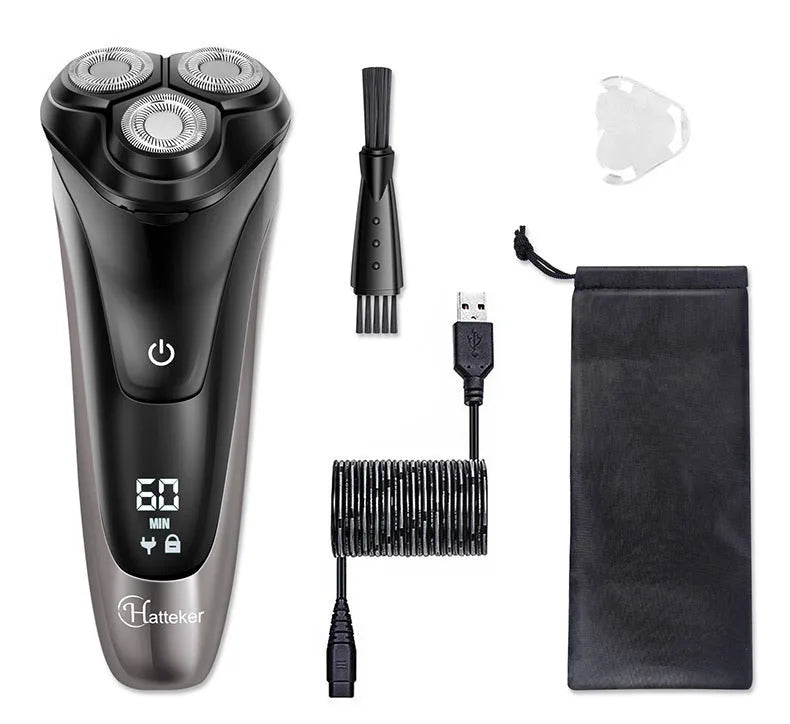 Men's electric shaver with three floating cutter heads and pop-up sideburn trimmer in grooming kit