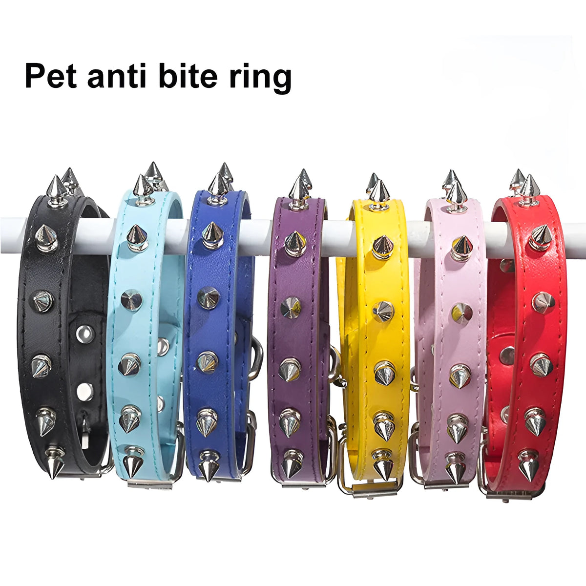 Studded dog collar in PU leather with metal decoration, shown in multiple colour options