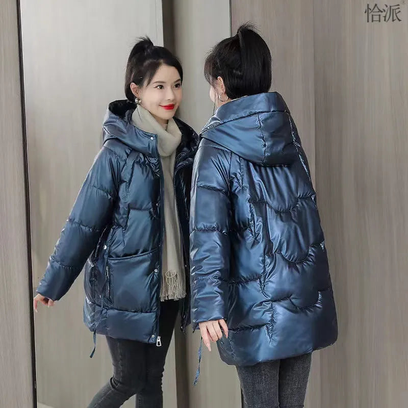 Women's loose fit thick acrylic winter jacket with hood in blue colour