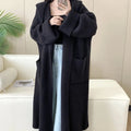 Loose hooded sweatshirt cardigan coat in acrylic fibre with raglan sleeves and extended length