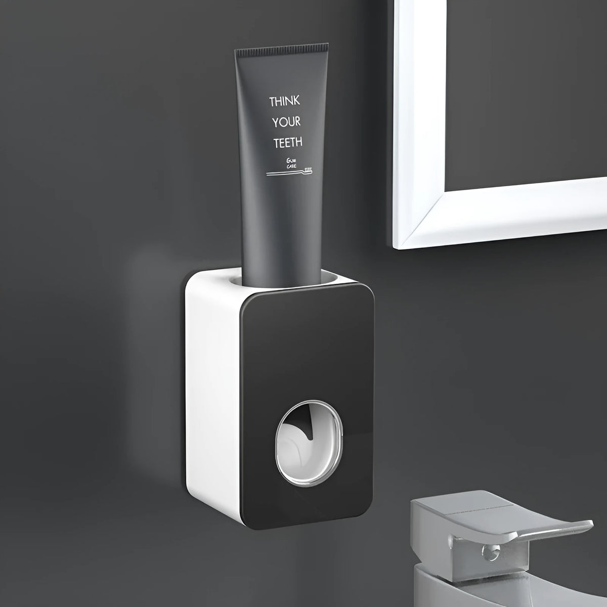 Wall-mounted automatic toothpaste dispenser with punch-free fixing, shown in black, grey, pink, green and white options