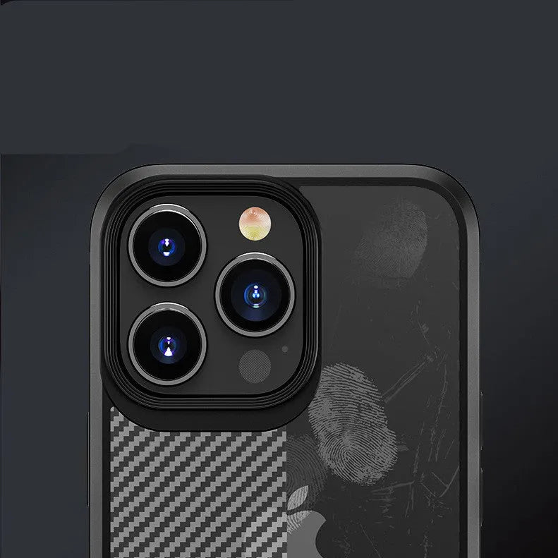 Black anti-fall protective back cover for iPhone 13 series with carbon fibre pattern