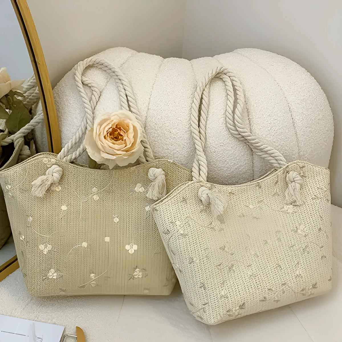 Large straw shoulder bag with woven lace, flap closure, single strap, white or khaki, PU lining