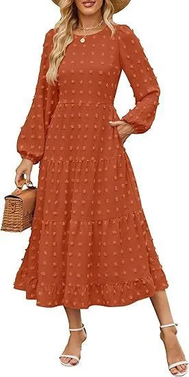 Long sleeve casual dress with ruffle sleeves and high waist in solid colour.