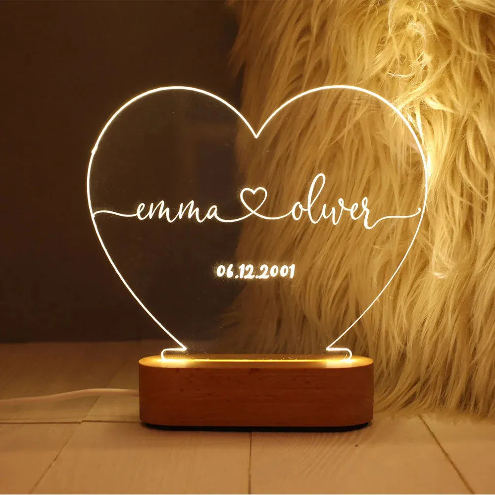 Personalised acrylic night light with custom names and dates, USB powered, modern art design