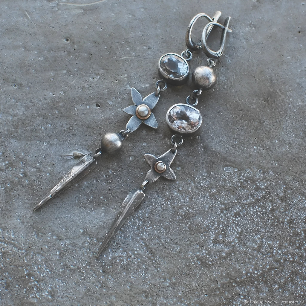 Geometric antique silver plated earrings with long XINGX pendant and rhinestone details