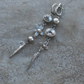 Geometric antique silver plated earrings with long XINGX pendant and rhinestone details