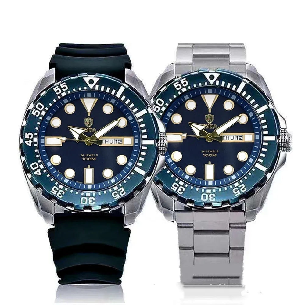 Men's silver waterproof quartz watch with luminous blue dial and steel bracelet on wrist