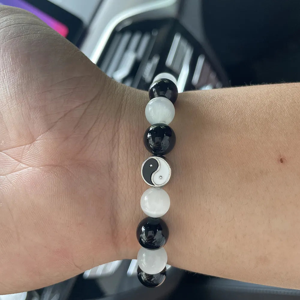 Natural black agate opal Tai Chi bracelet with 10mm beads in Chinese style for men and women