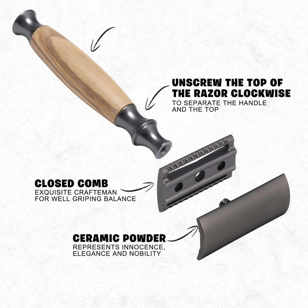 Men's copper manual shaving razor with olive wood handle and matching aluminium alloy razor holder