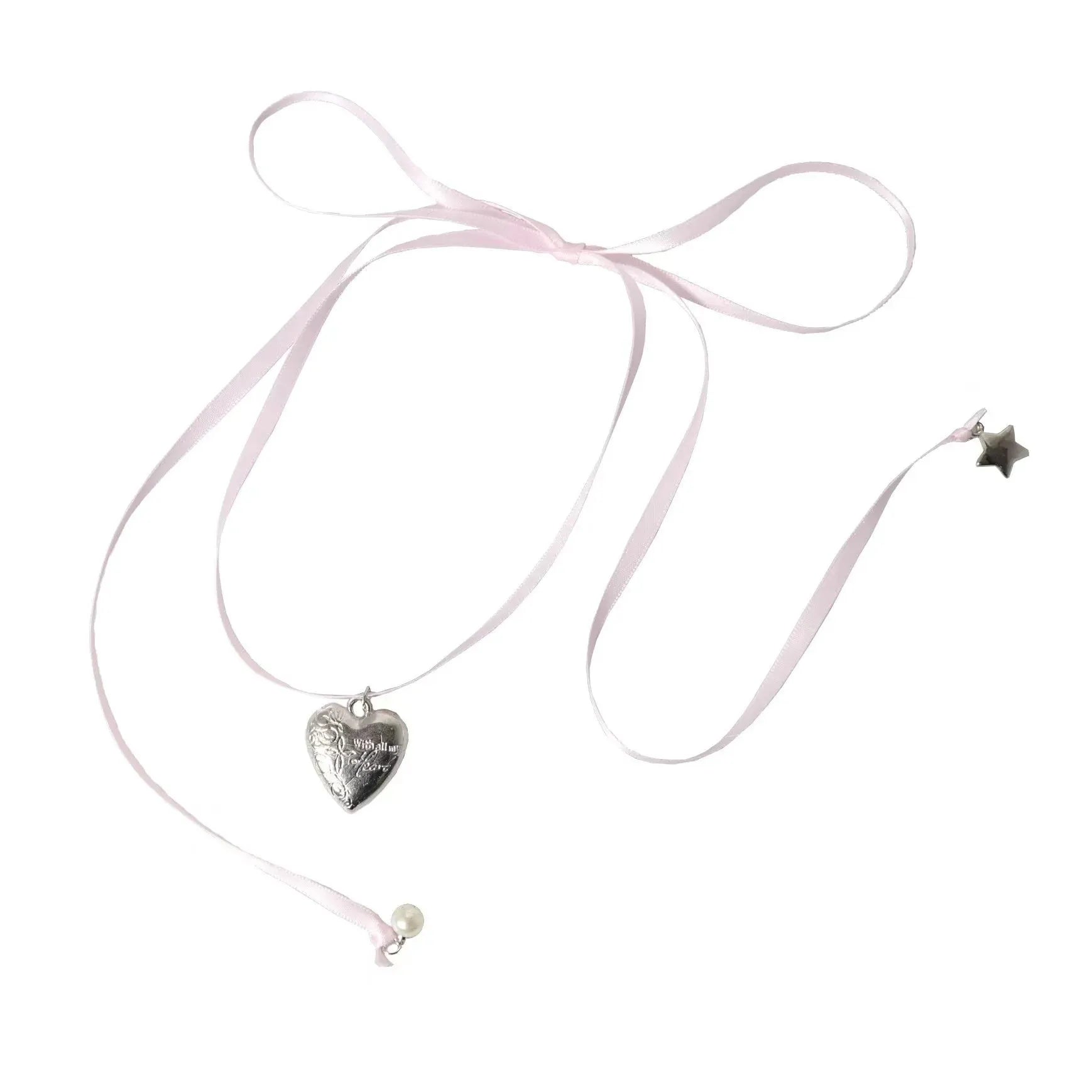 Women's ribbon love pendant fashion necklace on clavicle chain in alloy with electroplated finish