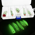 Set of five 3D fluorescent simulation hard bait fishing lures with luminous elements