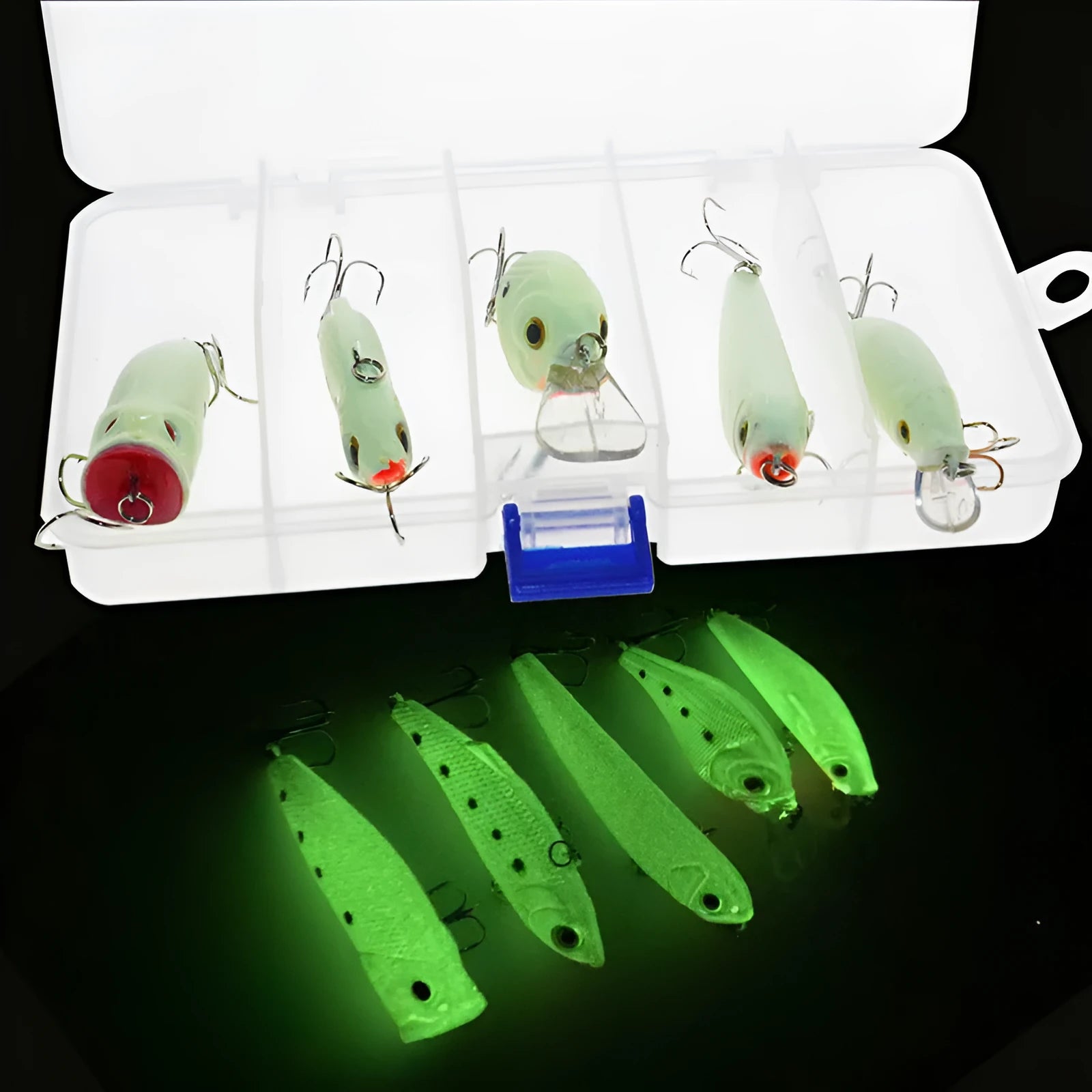 Set of five 3D fluorescent simulation hard bait fishing lures with luminous elements