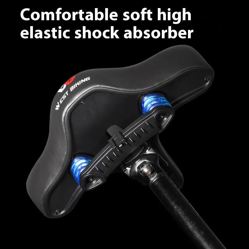 Black leather bicycle saddle cushion with polyurethane foam padding shown on a bicycle seat