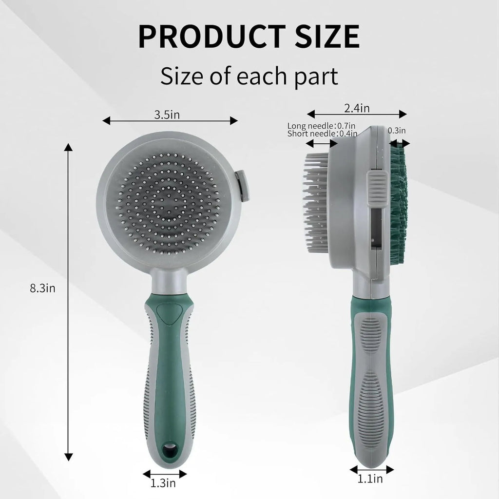Green and pink 2-in-1 silicone cat grooming brush showing slicker brush and massager sides