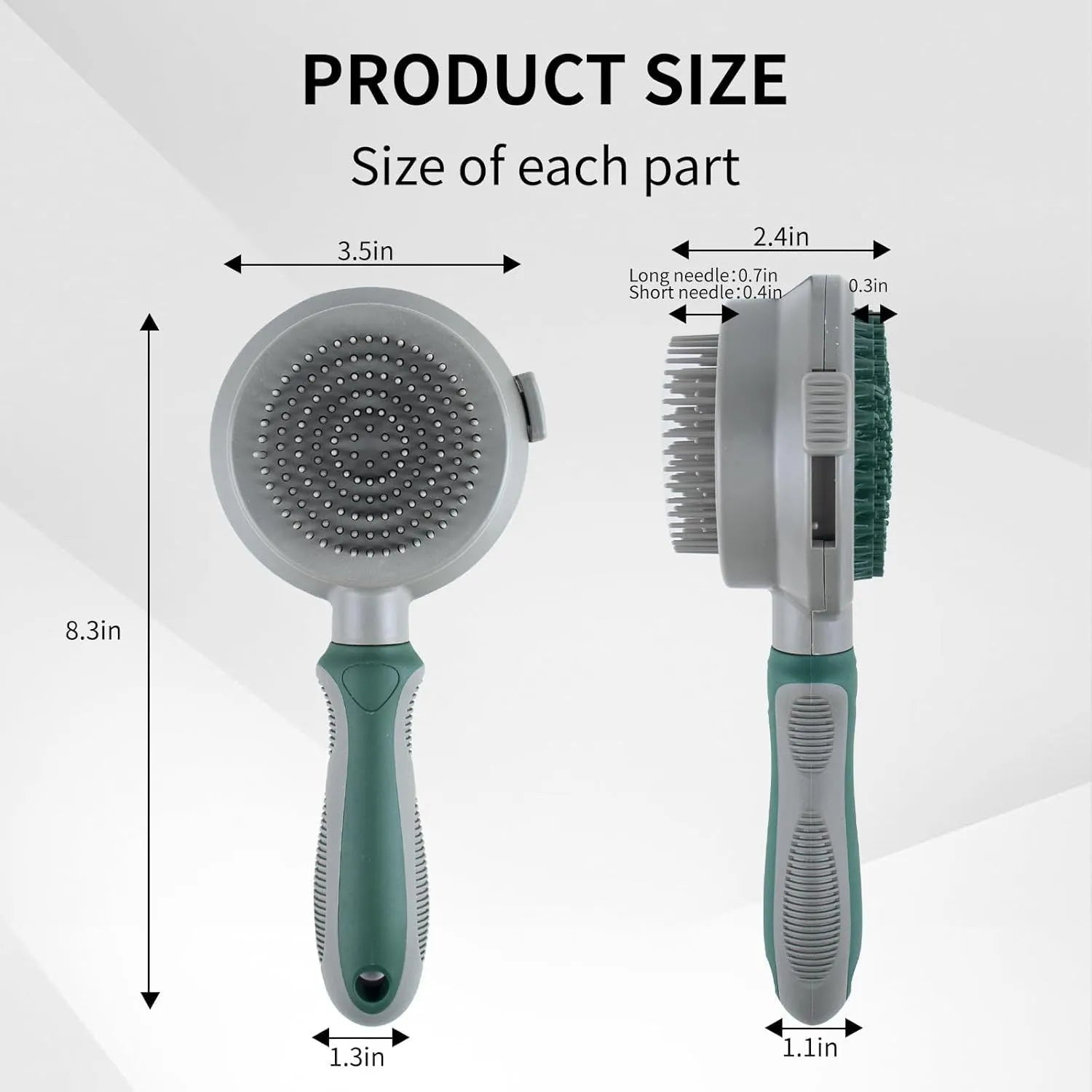 Green and pink 2-in-1 silicone cat grooming brush showing slicker brush and massager sides