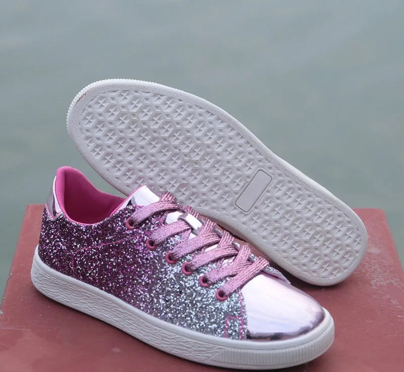Women's colourful sequin low-top shoes with PU sequin upper, leather lining, rubber sole, front lace-up, black pink gold