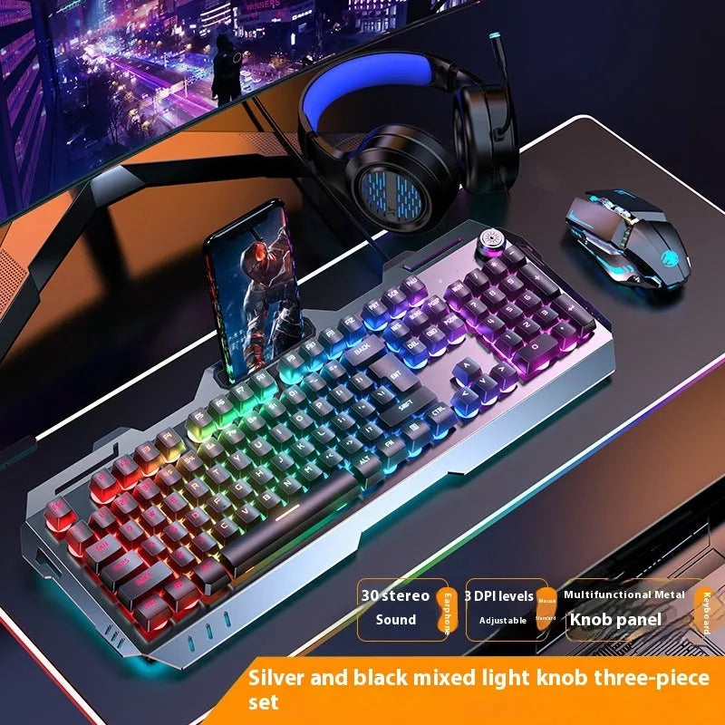 Aluminium alloy mechanical gaming keyboard with control knob in silver black colour with mixed lighting